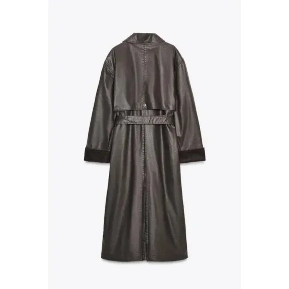 ZARA LONG WAXED TRENCH COAT WITH CORDUROY CUFFS - Picture 9 of 10